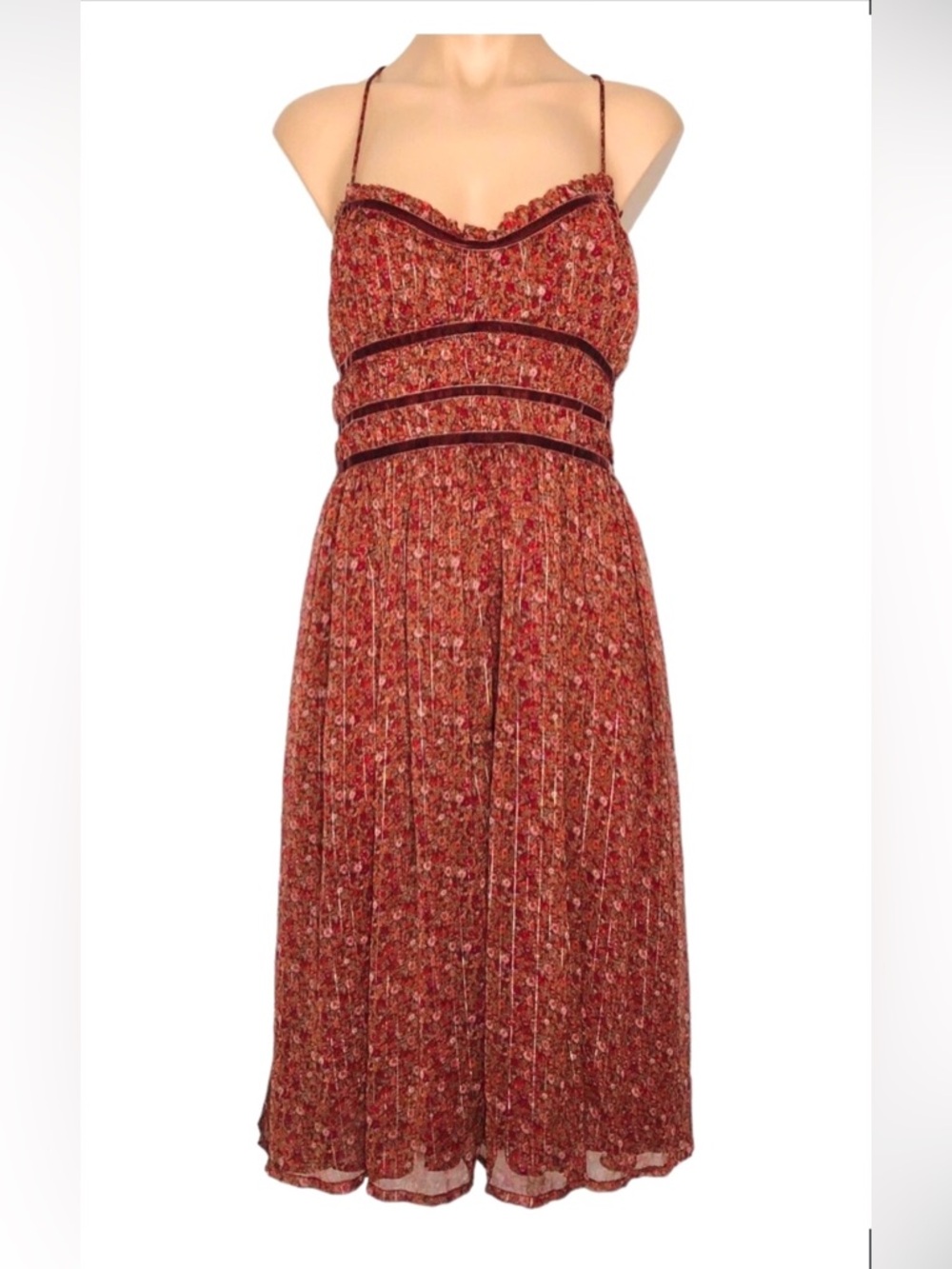 Lucky Floral burgundy Midi Dress with lace up back Spaghetti Straps